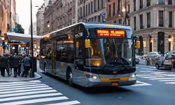 a large bus is on a city street with many people