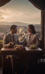 a man and woman holding hands sit at a table with plates of food