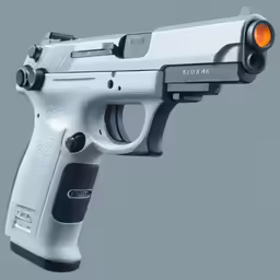 a white handgun with a red light