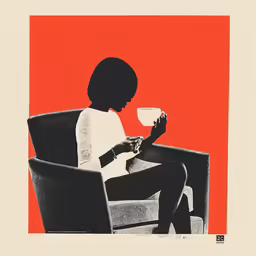 a woman sits in a chair with a cup in her hand