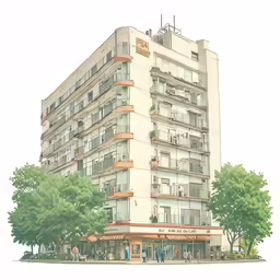 this drawing shows a tall apartment building near a tree filled sidewalk