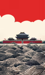 a building sitting over a landscape with waves in the water