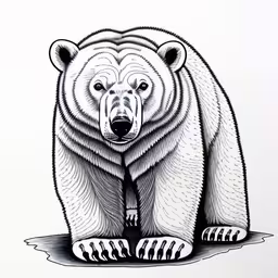 the black and white bear is drawing in pen,an image of the bear in black and white,a black and white drawing of a polar bear,a drawing of a polar bear in the snow,a bear with its mouth open and his tongue out