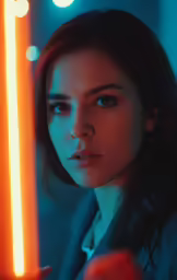a woman holding a glowing light stick next to her