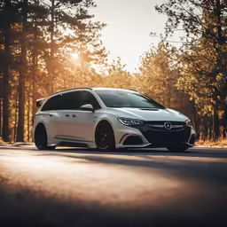 a car parked on a road in the woods