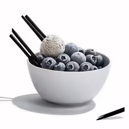 blueberry dessert is in a white bowl with two black chop sticks
