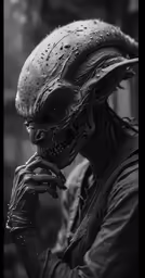a man wearing a creepy mask holding his hand near his mouth