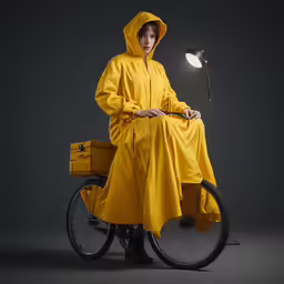 woman in yellow outfit sitting on wheel chair holding camera and umbrella