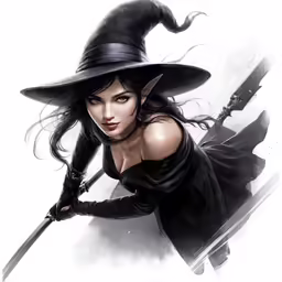 a woman with a witches hat on her head holding a sword