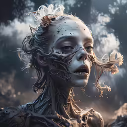 a woman with her head in water wearing plastic and flowers