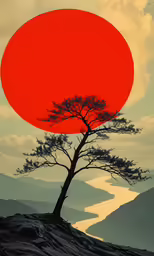 a red sun is rising behind a lone tree