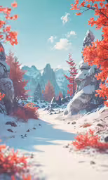 a snowy path is surrounded by autumn trees