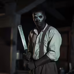 an african american man in uniform holding a large knife