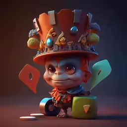 a small plastic figure with many items on its head