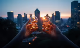 two hands holding clear bubbles overlooking the city