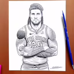 this is an image of a drawing of a basketball player,a drawing of david curry wearing a basketball uniform,a drawing of the basketball player,an illustration of a man with long hair, a shirt and tattoos,a drawing of a man with tattoos holding a basketball