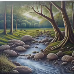 a painting of the forest with stones in the stream,painting with lots of rocks and water in it,the painting depicts trees, stream, and rocks,a painting of stones and stream running through a forest,a painting of a stream running through a forest