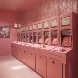a pink bench in front of several pink cases
