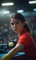 a woman with yellow gloves stands by a camera