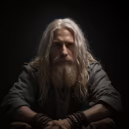 the man is wearing a long white wig