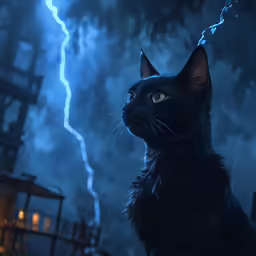 cat staring ahead with thunder in background