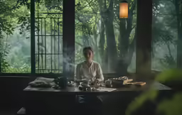 a person sitting at a table near a forest