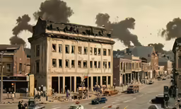 an old town, where smoke is pouring out of a building