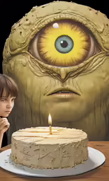 there is a birthday cake with a monster face next to a child and a big fake face