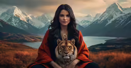 a woman poses with her tiger in front of the mountains