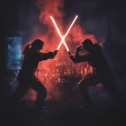 two people in dark, silhouetted with the light sabers