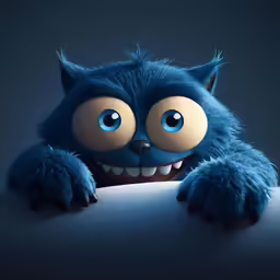 a blue cartoon cat with big eyes is peeking over a white piece