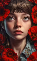 a woman is surrounded by red flowers
