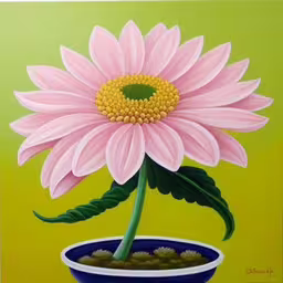 the painting depicts a large flower in a small blue pot,a painting of a pink flower in a pot