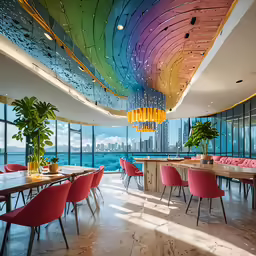 a restaurant that has large, rainbow ceilings in the ceiling