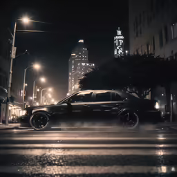 a black car driving on the road at night