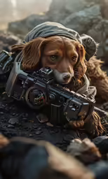 a dog with a camera in its mouth laying on rocks