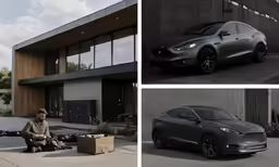 four photos of a man sitting outside of his garage