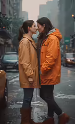two women walking in the rain near parked cars