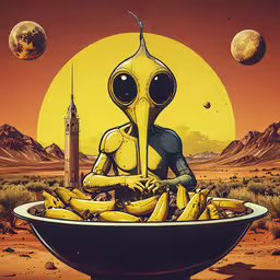 an alien sitting in a bowl of bananas,a large, creepy alien sitting inside a bowl of bananas