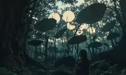 a lady walking through the forest by the water