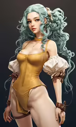 a cartoon girl with blue hair wearing a yellow dress and gold bodysuit