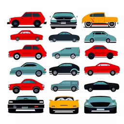 a variety of colorful cars arranged in a circle,a collection of six different cars in multiple colors,different types of cars on a white background,a set of cars from the fifties,a bunch of cars in different colors on a white background
