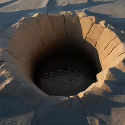 an outside bathtub made from sand and brick with water inside