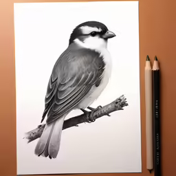 a bird sitting on top of a tree branch next to two pencils