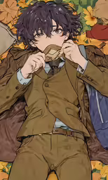 an anime character with short hair laying down on a floor