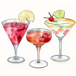 four different martinis are sitting side by side,watercolor and ink drawing of alcohol for art