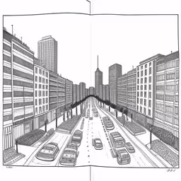 an ink drawing of a busy street with a sky line between tall buildings,the road is lined with cars and buildings,a pen drawing shows cars driving down a street,the inside pages of an article featuring cityscape,a drawing of a road with a line of cars