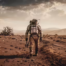 the spacewalker is walking on a dirt road