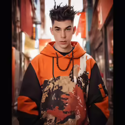 a young man in an orange and black jacket standing outside