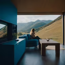 a woman sitting on a blue sofa looking out a window at hills